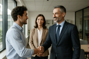 Two men and a woman standing in an executive boardroom. The two men are shaking hands, and the woman smiles looking on.