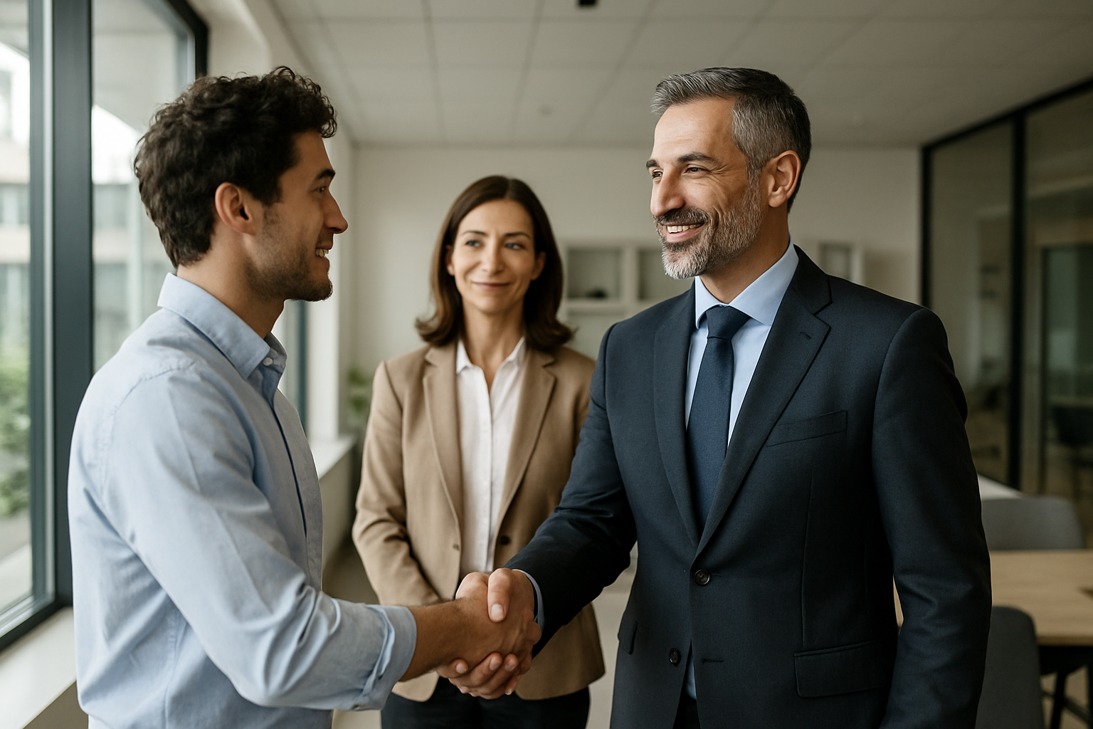 Two men and a woman standing in an executive boardroom. The two men are shaking hands, and the woman smiles looking on.