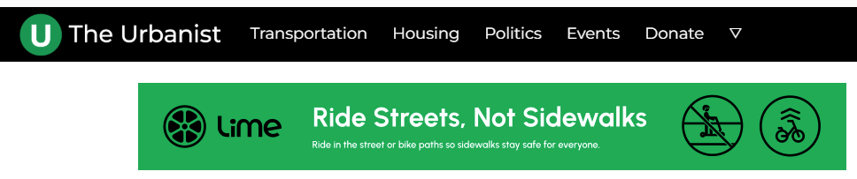A screenshot of The Urbanist website with an ad from Lime that says "Ride streets, not sidewalks".