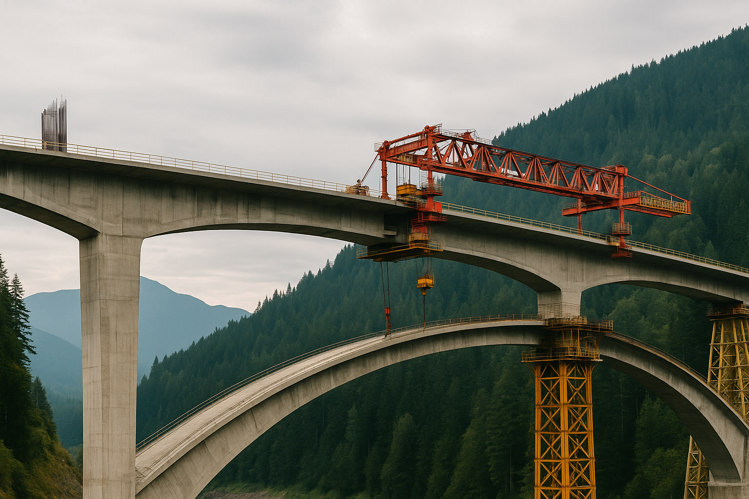 A photo of a bridge under construction with a crane emerging in an overcast sky