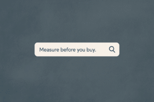 A search box that says "Measure before you buy" on a gray background.